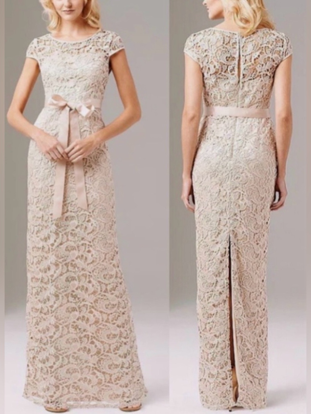 NWT - Adrianna Papell Cap Sleeve Lace Maxi Long Formal Dress - Almond Color - 8